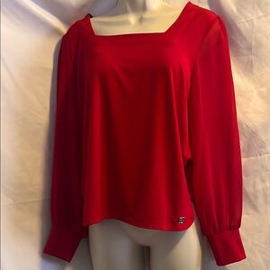 Calvin Klein Elegant Red Women's Top, Sheer Long Sleeves, 4-way stretch, Small